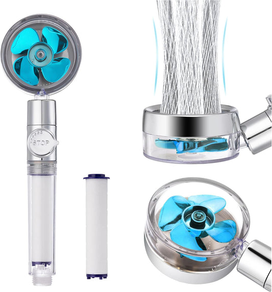Handheld Turbocharged Pressure Propeller Shower,Turbo Shower Head with Filter and Pause Switch,360 Degrees Rotating High Pressure Shower Head, Easy Install 360 Degrees Rotating (Blue)